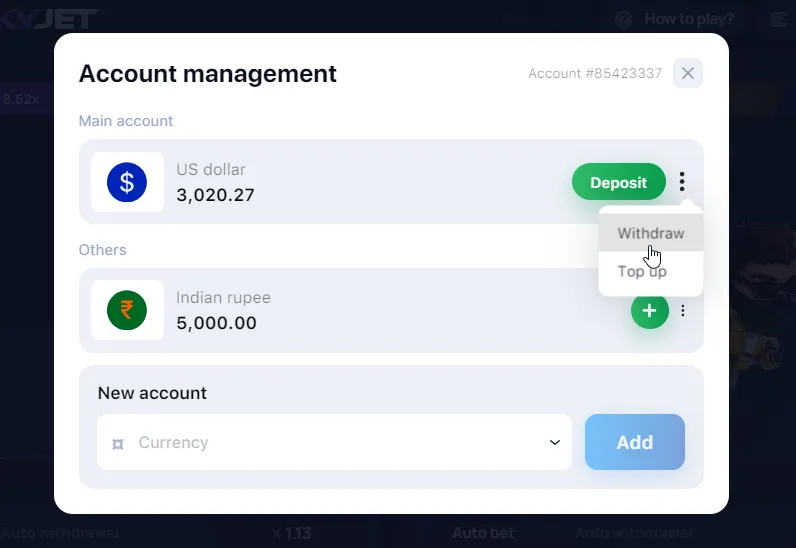 1win account management dialog